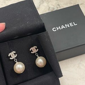 Chanel Crystal Pearl CC Drop Earrings